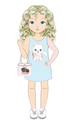 Blonde girl in dress with cat print and fashionable bag. Picture in hand drawing cartoon styleのイラスト素材