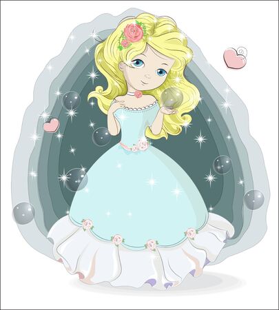 beautiful, charming little princess,  in white wedding dress and flower. The picture in hand drawing style, can be used for t-shirt print, wear fashion design, greeting card.のイラスト素材