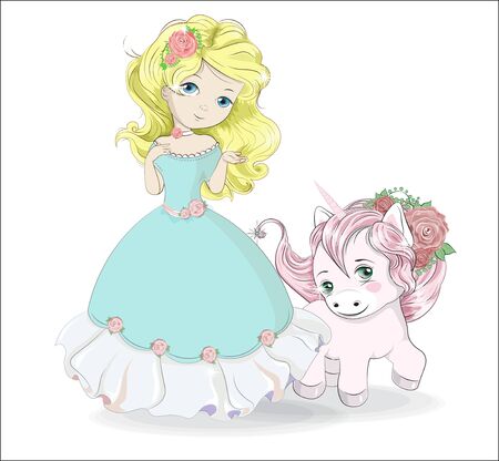 beautiful, charming little princess,  in blur dress and unicorn. Picture in hand drawing cartoon style, for t-shirt wear fashion print design, greeting card, postcard. baby shower. party invitation.のイラスト素材