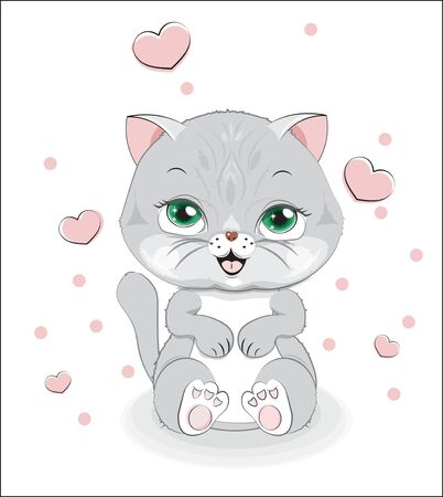 adorable baby gray cat, kitten with blue eyes on white background. Picture in hand drawing cartoon style, for t-shirt wear fashion print design, greeting card, postcard. baby shower. party invitationのイラスト素材