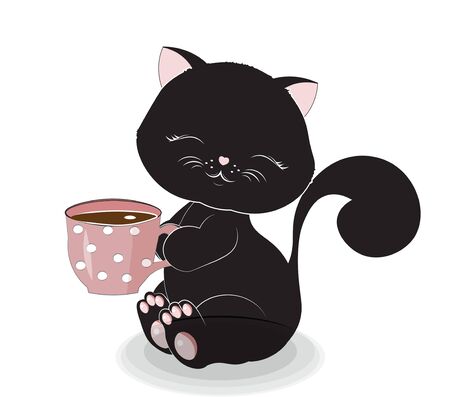 Cute black cat, kitten, with cup of hot tea, chocolate or coffee. Picture in hand drawing cartoon style, for t-shirt wear fashion print design, greeting card, postcard. baby shower. party invitationのイラスト素材