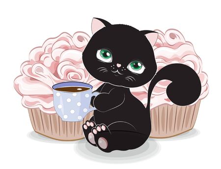 Cute black cat, kitten, with cup of hot tea, chocolate or coffee and cupcake. Picture in hand drawing cartoon style, for t-shirt wear fashion print design, greeting card, postcard. baby shower. party invitationのイラスト素材