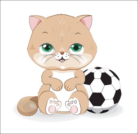 lovely cute brown cat kitten, with football ball. Picture in hand drawing cartoon style, for t-shirt wear fashion print design, greeting card, postcard. baby shower. party invitation.のイラスト素材