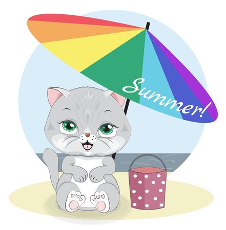 Hello summer baby gray cat and bucket for sand under beach umbrella. Picture in hand drawing cartoon style, for greeting card, postcard. baby shower. party invitation.のイラスト素材
