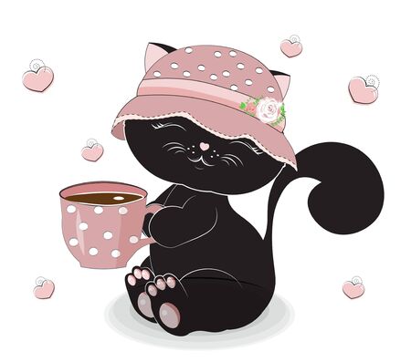 Cute black cat, kitten, in cap with cup of hot tea, chocolate or coffee. Picture in hand drawing cartoon style, for t-shirt wear fashion print design, greeting card, postcard. baby shower. party invitationのイラスト素材