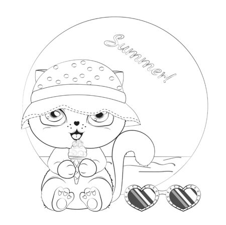 Hello summer baby black cat in cap, strawberry ice cream and sunglasses on beach. Picture in hand drawing cartoon style, for greeting card, postcard. baby shower. party invitation. Coloring book page.のイラスト素材