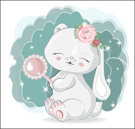lovely white honey bunny, rabbit with magic rattle and roses. Picture in hand drawing cartoon style, for t-shirt wear fashion print design, greeting card, postcard. baby shower. party invitation.のイラスト素材