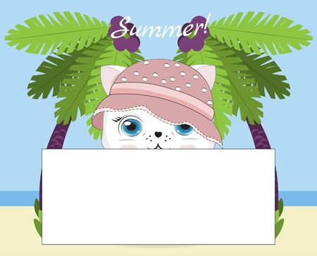 Hello summer baby white cat in cap on beach under palm tree ftame. Picture in hand drawing cartoon style, for greeting card, postcard. baby shower. party invitation.	のイラスト素材