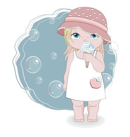 Hello summer baby girl in summer dress and cap, soap bubbles and ice cream. Picture in hand drawing cartoon style, for greeting card, postcard. baby shower. party invitation.																		
のイラスト素材