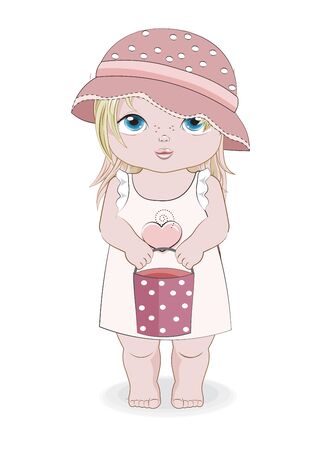 Hello summer baby girl in summer dress, hat and bucket,. Picture in hand drawing cartoon style, for greeting card, postcard. baby shower. party invitation.&#x9;&#x9;&#x9;&#x9;&#x9;&#x9;&#x9;&#x9;&#x9;&#x9;&#x9;&#x9;&#x9;&#x9;&#x9;&#x9;&#x9;&#x9;&#xD;&#xA;のイラスト素材