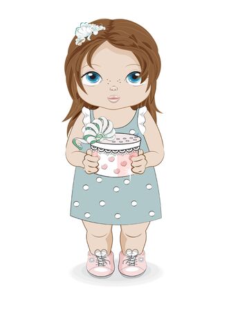 Hello summer baby girl in summer jeans dress with gift. Picture in hand drawing cartoon style, for greeting happy birthday card, postcard. baby shower. party invitation.																		
のイラスト素材