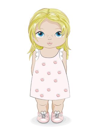 Hello summer baby blonde girl in summer dress. Picture in hand drawing cartoon style, for greeting card, postcard. baby shower. party invitation.																		
のイラスト素材