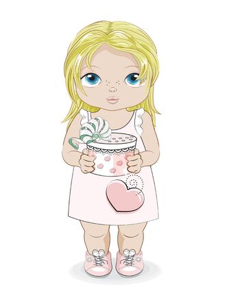 Hello summer baby blonde girl in summer dress with gift. Picture in hand drawing cartoon style, for Happy birthday greeting card, postcard. baby shower. party invitation.																		
のイラスト素材
