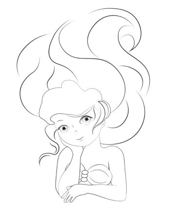 coloring book. beautiful, charming little mermaid princess, Picture in hand drawing cartoon style, for t-shirt wear fashion print design, greeting card, postcard. baby shower. party invitation.のイラスト素材