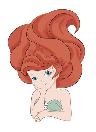 beautiful, charming little mermaid princess, Picture in hand drawing cartoon style, for t-shirt wear fashion print design, greeting card, postcard. baby shower. party invitation.のイラスト素材