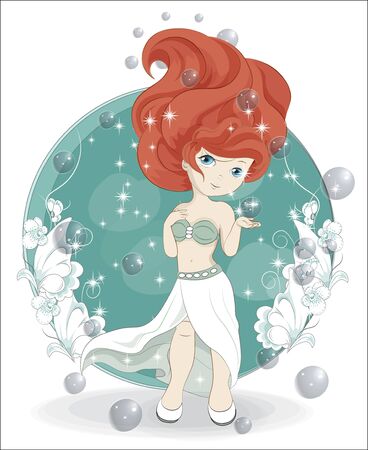 beautiful, charming little water Aqua fairy princess with bubbles. Picture in hand drawing cartoon style, for t-shirt wear fashion print design, greeting card, postcard. baby shower. party invitationのイラスト素材