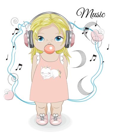 baby girl in earphones, headphones with bubblle gum, unicorn print and notes. Picture in hand drawing style for baby shower. Greeting card, party invitation, fashion clothes t-shirt printのイラスト素材