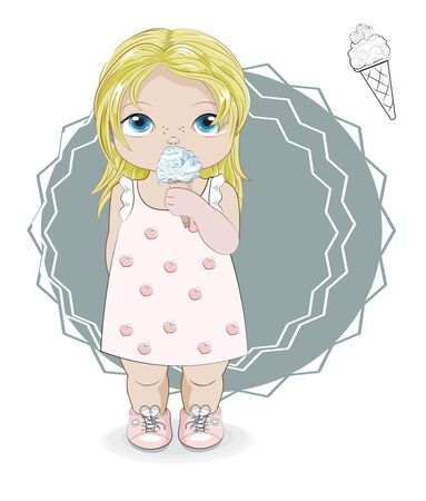 Hello summer baby blonde girl in summer dress with ice cream. Picture in hand drawing cartoon style, for greeting card, postcard. baby shower. party invitation.																		
のイラスト素材