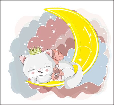 princess cute white honey cat in crpwn, kitten, sleep and smile. Picture in hand drawing cartoon style, for t-shirt wear fashion print design, greeting card, postcard. baby shower. party invitation.のイラスト素材