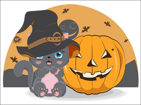 black Halloween baby cat girl in witch hat and spider , near pumpkin. Picture in hand drawing style, for t-shirt wear fashion print design, greeting card, postcard. party invitationのイラスト素材