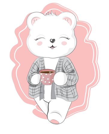 baby teddy bear with cup of hot tea, chocolate or coffee. Picture in hand drawing cartoon style, for t-shirt wear fashion print design, greeting card, postcard. baby shower. party invitationのイラスト素材