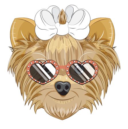 Lovely vector puppy, dog with a bow, in heart sunglasses. Picture in hand drawing cartoon style, for t-shirt wear fashion print design, greeting card, postcard. party invitation.のイラスト素材