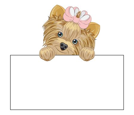 Lovely vector puppy, dog with a bow dog frame. Picture in hand drawing cartoon style, for t-shirt wear fashion print design, greeting card, postcard. party invitation.のイラスト素材