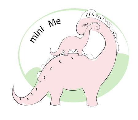 cute pink cartoon dinosaur Diplodocus, mum and baby, mini Me, Picture in hand drawing cartoon style, for t-shirt wear fashion print design, greeting card, postcard. baby shower. party invitation.のイラスト素材