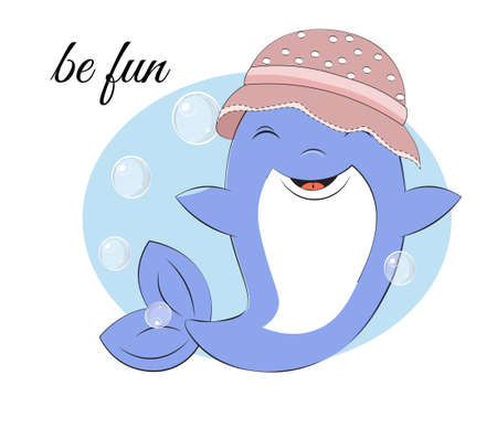 dolphin dolphin in hat have fun in bubble background. Picture in hand drawing cartoon style, for t-shirt wear fashion print design, greeting card, postcard. baby shower. party invitatioのイラスト素材
