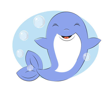 dolphin have fun in bubble background. Picture in hand drawing cartoon style, for t-shirt wear fashion print design, greeting card, postcard. baby shower. party invitatioのイラスト素材