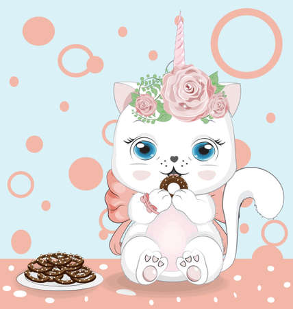 Happy white cat unicorn girl, kitten with bow and chocolate cookies. Picture in hand drawing cartoon style, for t-shirt wear fashion print design, greeting birthday card, postcard. baby shower. party invitation.のイラスト素材