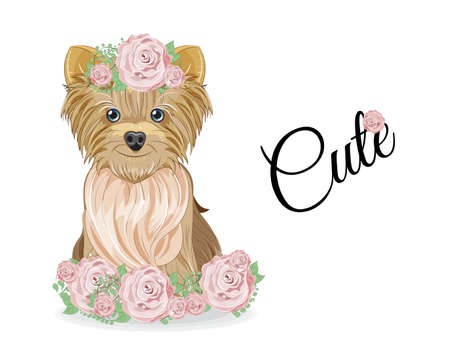 Lovely vector puppy, dog with bow and in roses flowers. Picture in hand drawing cartoon style, for t-shirt wear fashion print design, greeting card, postcard. party invitation.のイラスト素材