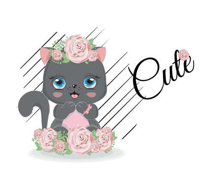 cute black cat in roses flowers. Picture in hand drawing cartoon style, for t-shirt wear fashion print design, greeting card, postcard. party invitation.のイラスト素材