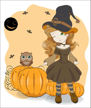 cute Halloween girl in witch hat with spiders on pumpkin background. Picture in hand drawing cartoon style, for t-shirt wear fashion print design, greeting card, postcard. baby shower. party invitation.のイラスト素材