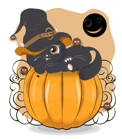 Halloween wink black cat in witch hat and spider on pumpkin, Picture in hand drawing cartoon style, for t-shirt wear fashion print design, greeting card, postcard. baby shower. party invitation.のイラスト素材