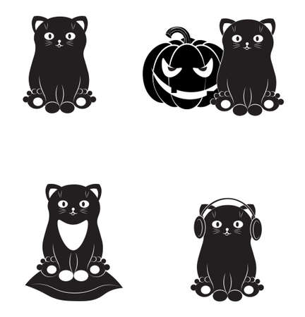 set of funny black cats. Picture in hand drawing cartoon style, for t-shirt wear fashion print design, greeting card, postcard. baby shower. party invitation.のイラスト素材