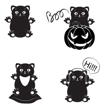 set of funny black cats. Picture in hand drawing cartoon style, for t-shirt wear fashion print design, greeting card, postcard. baby shower. party invitation.のイラスト素材