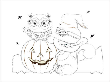 coloring book Halloween baby cat in hat and owl on pumpkin. Picture for t-shirt wear fashion print design, greeting card, postcard. baby shower. party invitationのイラスト素材