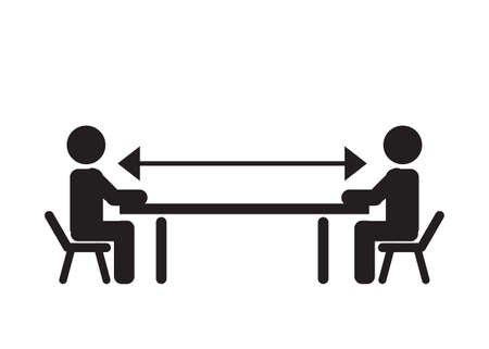 warning with two sitting people figures, keep the distance. social distancing during quarantine, on cafe. library, officeのイラスト素材