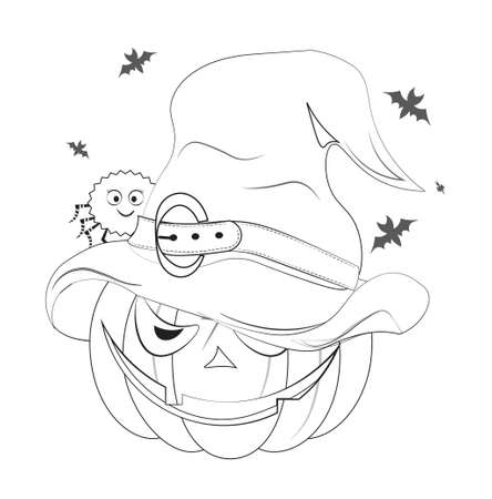 Coloring book Halloween pumpkin in witch hat and spider on bats background. Picture in hand drawing style, for t-shirt wear fashion print design, greeting card, postcard. party invitationのイラスト素材