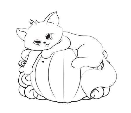 coloring book halloween cat, kitten on pumpkin. Picture in hand drawing cartoon style, for t-shirt wear fashion print design, greeting card, postcard. baby shower. party invitation.のイラスト素材