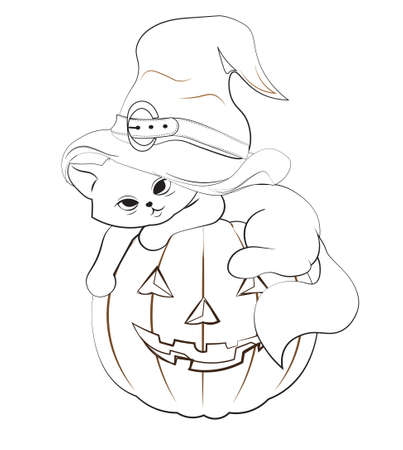 coloring book halloween cat in witch hat, kitten on pumpkin. Picture in hand drawing cartoon style, for t-shirt wear fashion print design, greeting card, postcard. baby shower. party invitation.のイラスト素材