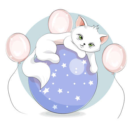 cute white cat, kitten on ball. Picture in hand drawing cartoon style, for t-shirt wear fashion print design, greeting card, postcard. baby shower. party invitation.のイラスト素材