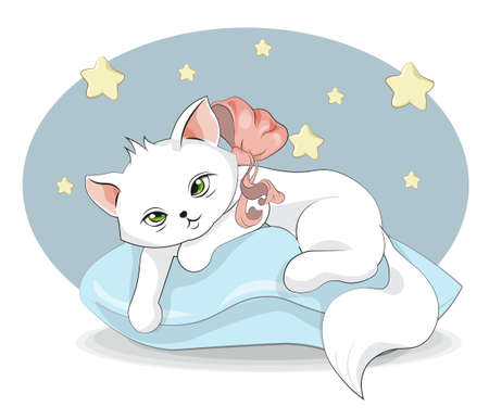 cute baby white cat on blue pillow. Picture in hand drawing style for baby shower. Greeting card, party invitation, fashion clothes t-shirt printのイラスト素材