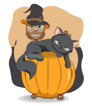 Halloween wink black cat. owl in witch hat and spider on pumpkin, Picture in hand drawing cartoon style, for t-shirt wear fashion print design, greeting card, postcard. baby shower. party invitation.のイラスト素材