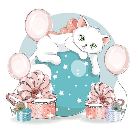 Happy birthday cute white cat, kitten on ball. Picture in hand drawing cartoon style, for t-shirt wear fashion print design, greeting card, postcard. baby shower. party invitation.のイラスト素材