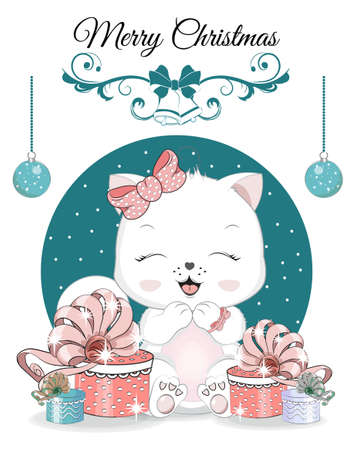 Happy New year. Merry Christmas cute white cat, kitten on ball. Picture in hand drawing cartoon style, for t-shirt wear fashion print design, greeting card, postcard. baby shower. party invitation.