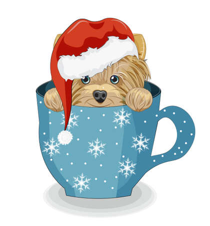 Lovely vector happy new yaer. Merry Christmas, puppy, dog in Santa hat, in cup. Picture in hand drawing cartoon style, for t-shirt wear fashion print design, greeting card, postcard. party invitation.のイラスト素材