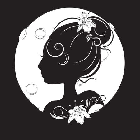girl portrait silhouette against of moon background, with stylish hairstyle with flowers, in night sky, symbolic label for salon, beauty products, promotions, party invitationのイラスト素材