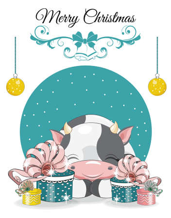Happy New year. Merry Christmas cute Calf, cow, bull with gifts. picture in hand drawing cartoon style, for t-shirt wear fashion print design, greeting card, postcard. baby shower. party invitation.のイラスト素材